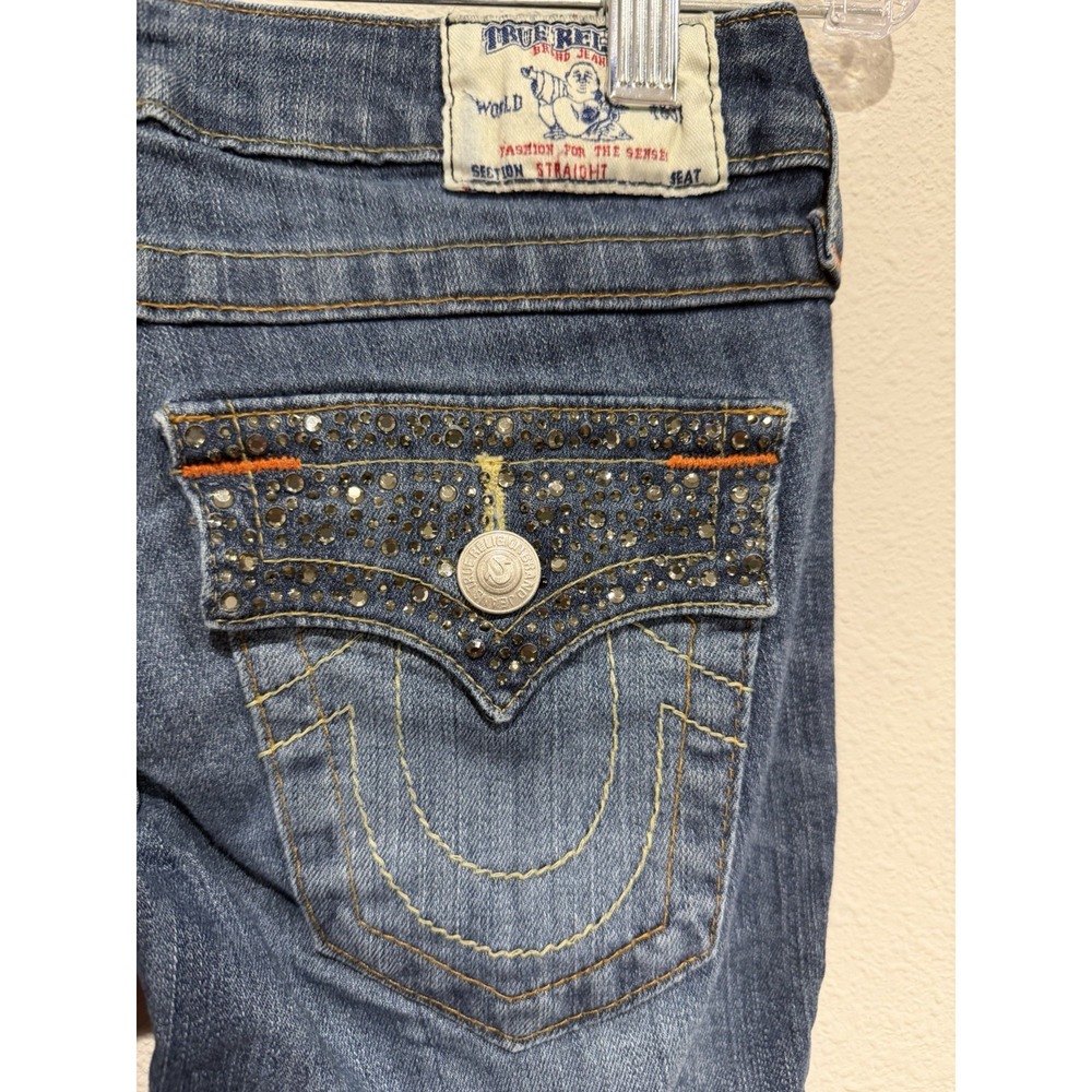 Vintage Y2K True Religion Beaded‎ Straight Jeans Womens Size 25x26 Light Wash
